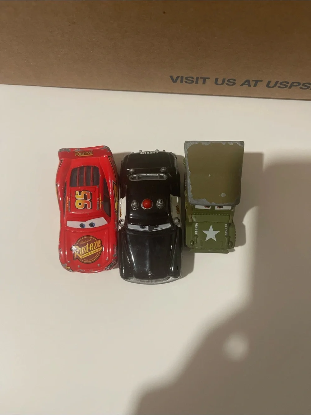 Mattel Cars Lightning McQueen, Black Sedan & Olive Army Jeep Set